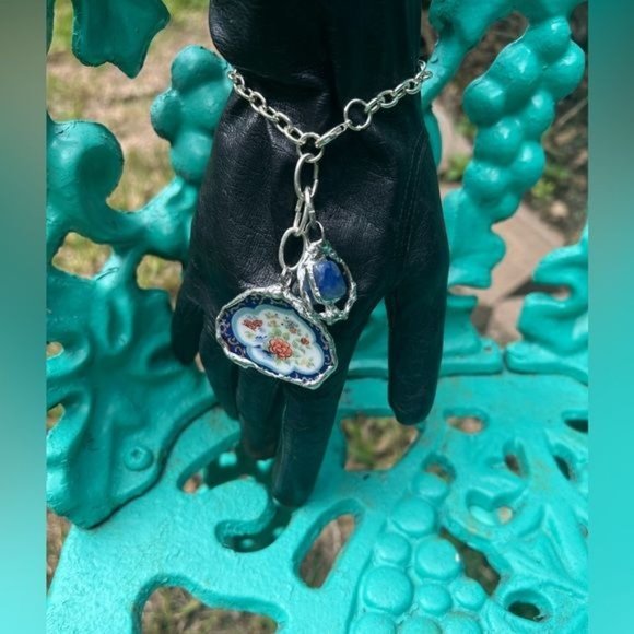Artisan Broken China & Sodalite Charm Bracelet  Repurposed Upcycled - Picture 6 of 10